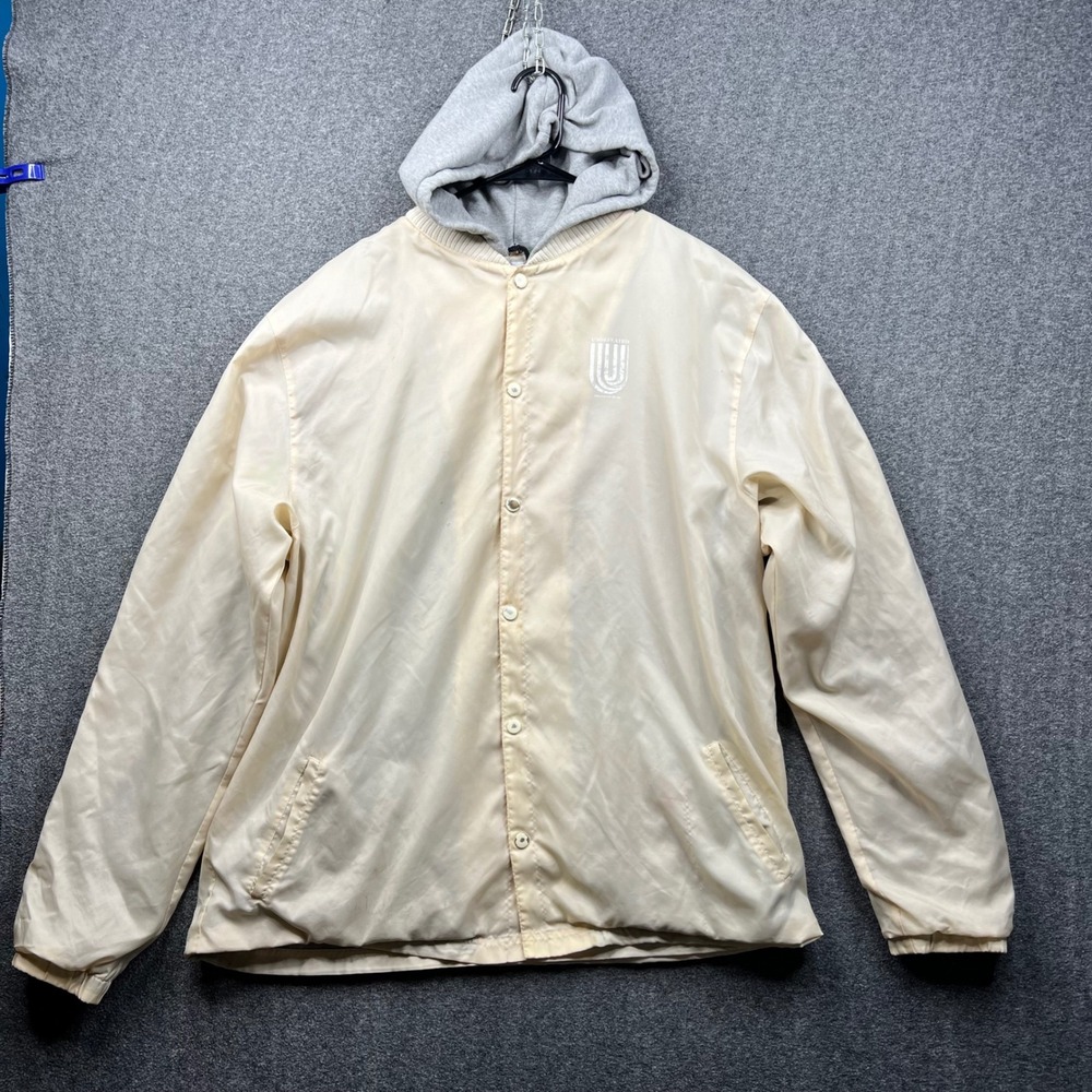 Undefeated Coach Jacket Mens XXL Cream Hooded Nylon Snap Front Streetwear